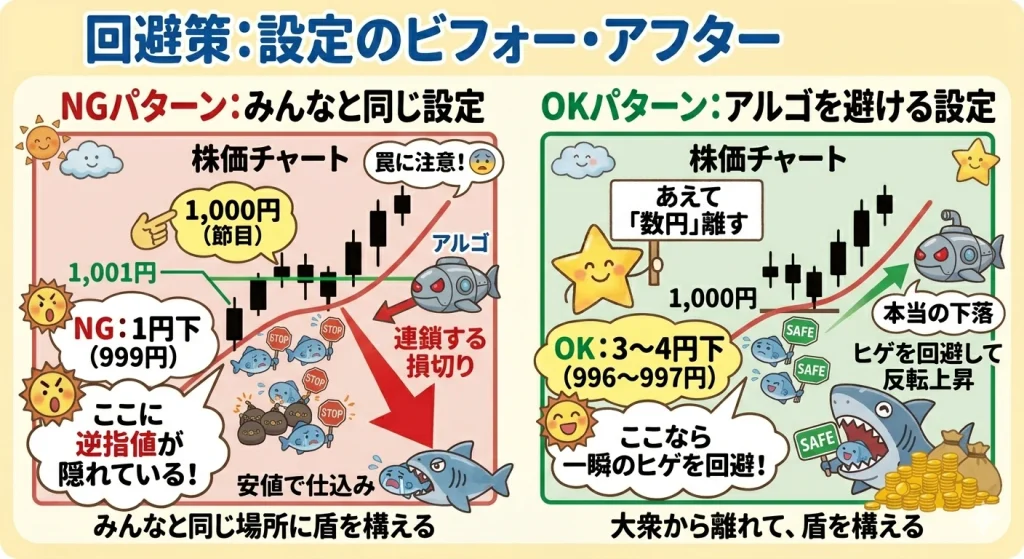 逆指値設定のビフォーアフター。節目の1円下で狩られるNG例と、数円離してヒゲを回避しリバウンドに乗るOK例の比較図。