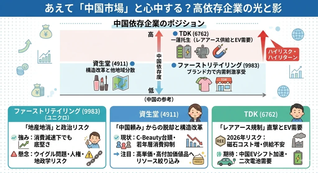 中国市場への依存度が高い日本企業3社の分析図解。