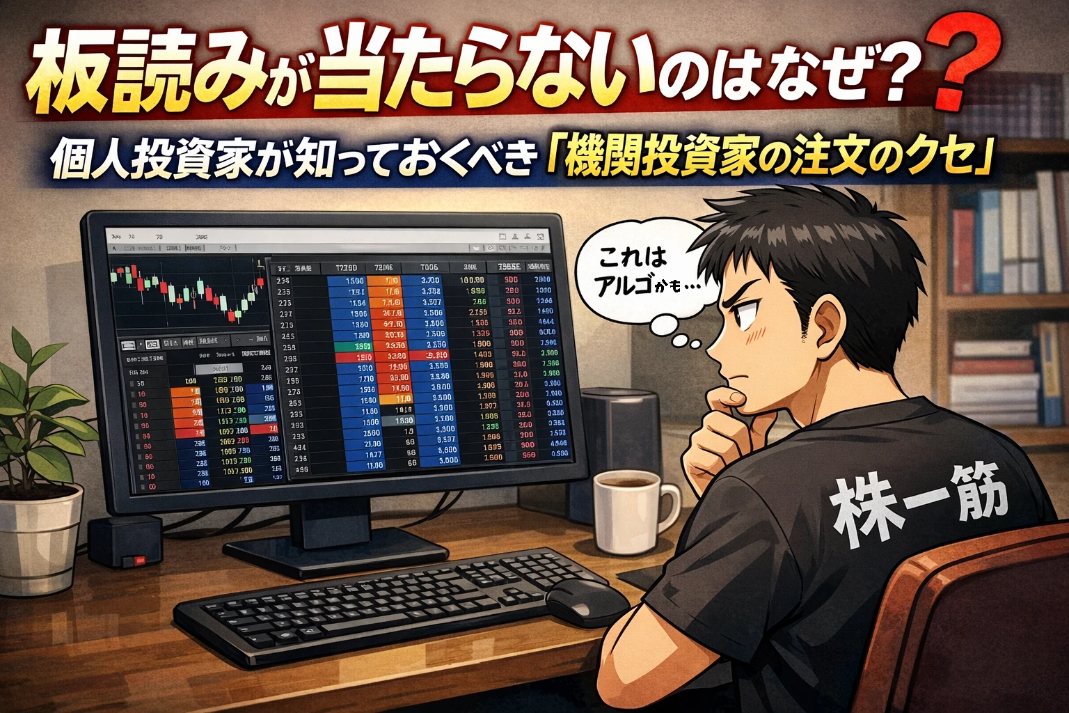 自宅の部屋で株の板画面を見ながらアルゴ取引を疑う個人投資家の漫画イラスト｜板読みが当たらない理由と機関投資家の注文のクセを解説