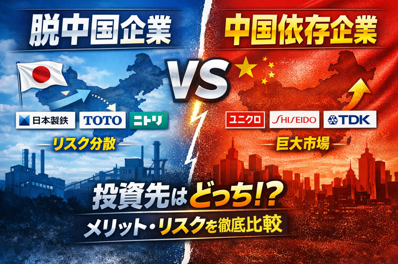 脱中国企業と中国依存企業を比較し、地政学リスクと投資判断の違いを示したインフォグラフィック