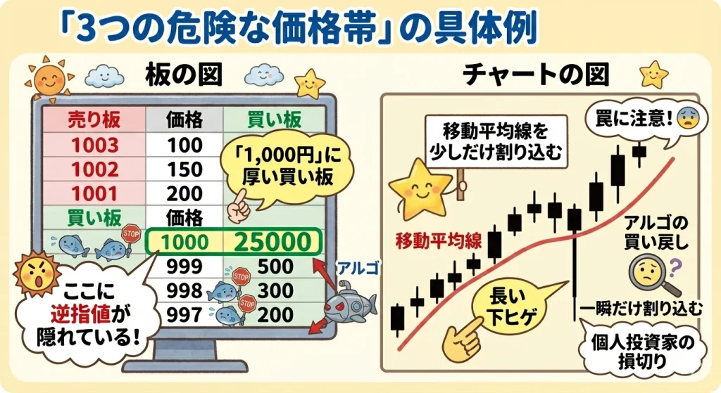 板とチャートで見る「逆指値狩り」の危険地帯。1,000円直下の逆指値ゾーンと、移動平均線を割り込む長い下ヒゲのメカニズム図解。