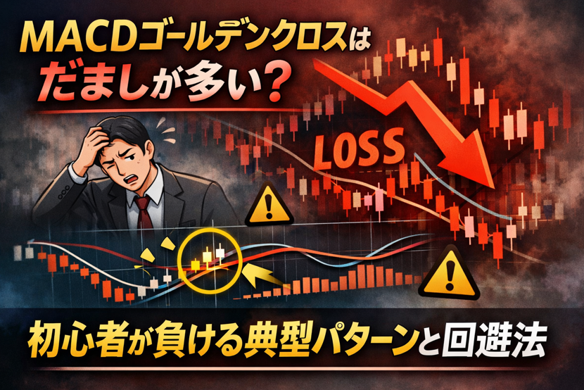 MACDのゴールデンクロスで買った直後に下落し、初心者がだましに遭いやすい典型的な負けパターンを示したチャートイメージ