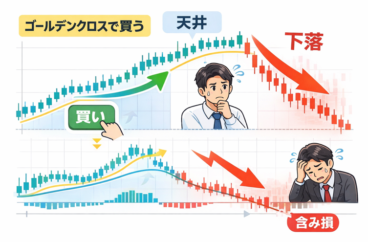 MACDのゴールデンクロスで買った直後に天井をつけて下落する、初心者がハマりやすい典型的な負けパターンの図解
