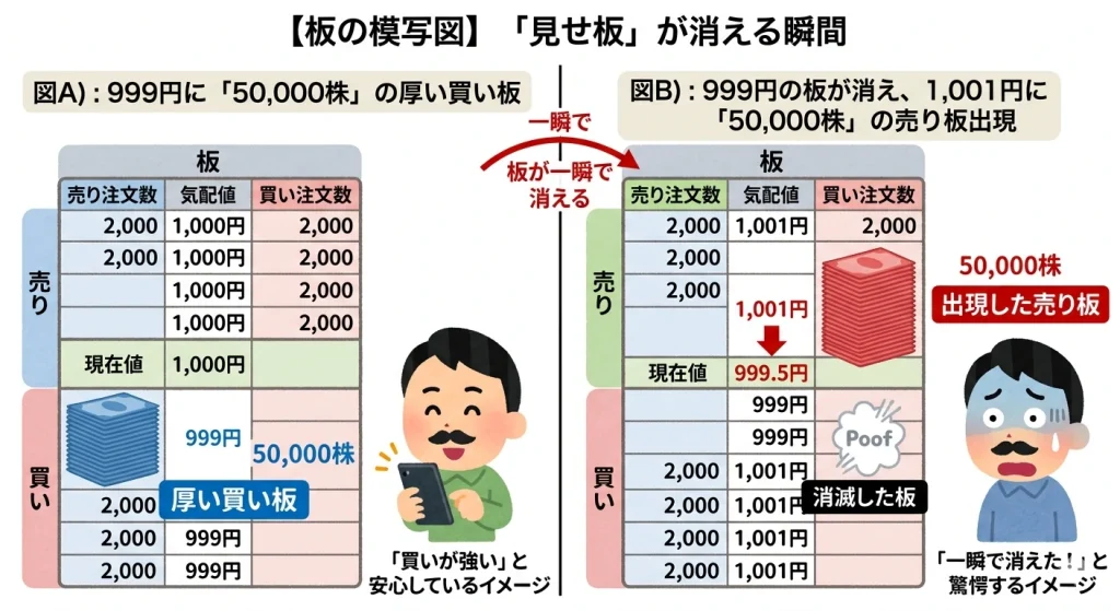 見せ板の仕組みを図解。株価1,000円に対し999円にあった5万株の厚い買い板が、株価下落の瞬間に消失し、代わりに1,001円に5万株の売り板が出現する様子。アルゴによる罠と投資家の驚愕するイメージ。