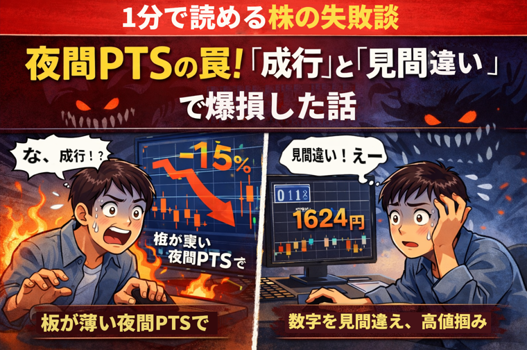夜間PTSで成行注文と価格の見間違いにより大損した株式投資の失敗を描いたイラスト