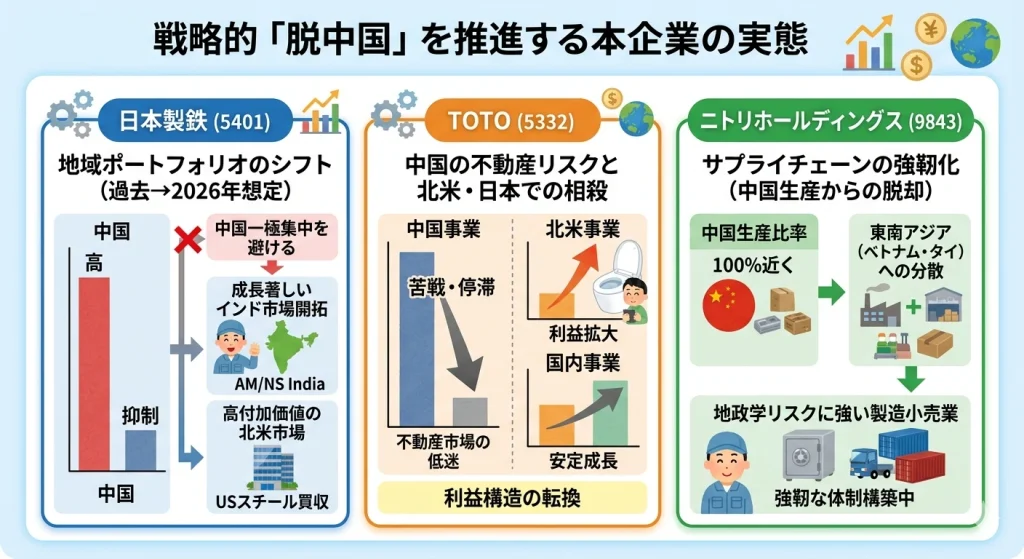 戦略的『脱中国』を推進する日本企業3社の比較図解。