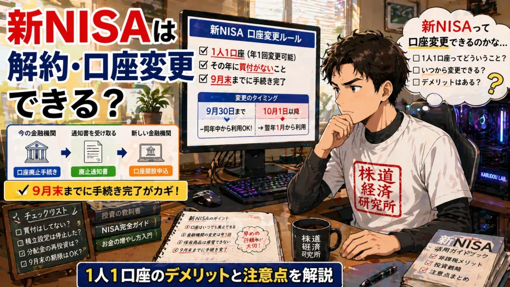 新NISAは解約できる?口座変更の条件と9月末期限、1人1口座ルールを解説した図解