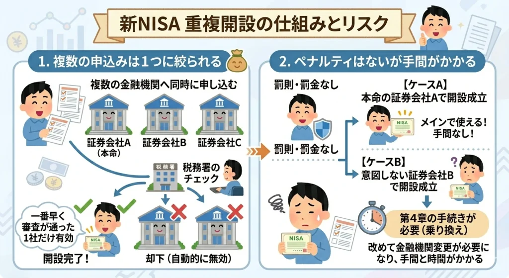 新NISAの重複開設(二重申込み)の仕組みとリスク解説図。複数の金融機関に申し込んでも税務署の審査により1社のみが有効となり、他は自動的に却下される仕組み。