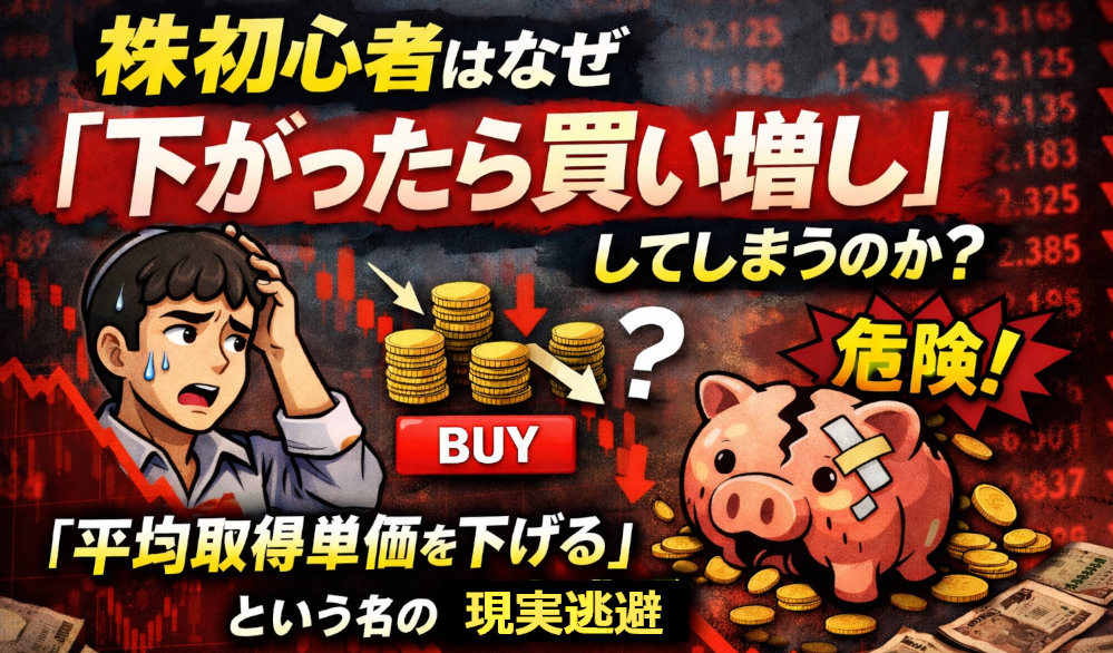 株初心者がナンピンで失敗する現実逃避の危険性を示すイラスト