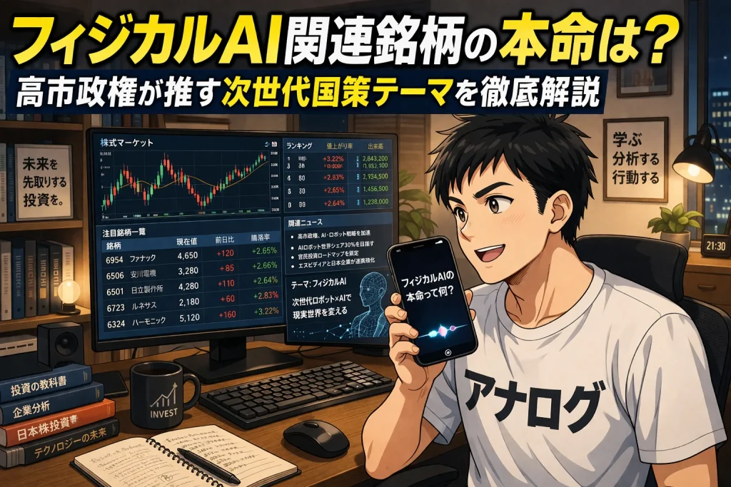 自宅の部屋でデスクトップPCの株価画面を見ながらスマホで「フィジカルAIの本命は?」と音声検索する男性(漫画イラスト)