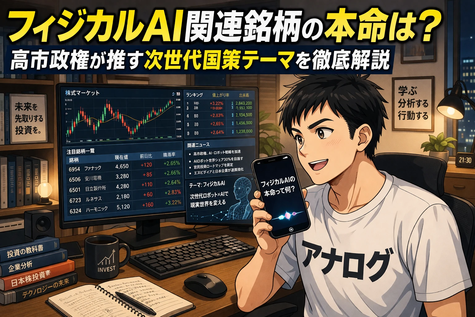 自宅の部屋でデスクトップPCの株価画面を見ながらスマホで「フィジカルAIの本命は？」と音声検索する男性（漫画イラスト）