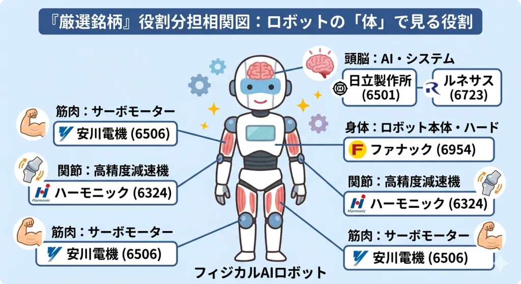 フィジカルAI関連銘柄の役割分担相関図。日立製作所とルネサスエレクトロニクスが「頭脳」、ファナックが「身体」、ハーモニック・ドライブ・システムズが「関節」、安川電機が「筋肉」を担うことを示すロボットのイラスト図解。