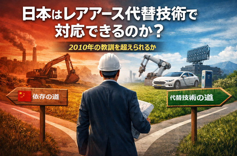 中国のレアアース輸出規制を背景に、日本が代替技術で対応できるのかを示したイメージ