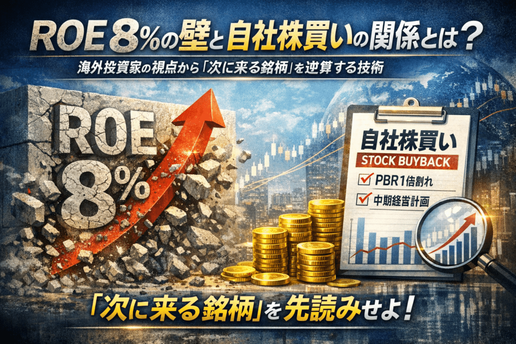ROE8％の壁と自社株買いの関係を視覚化した投資分析イメージ