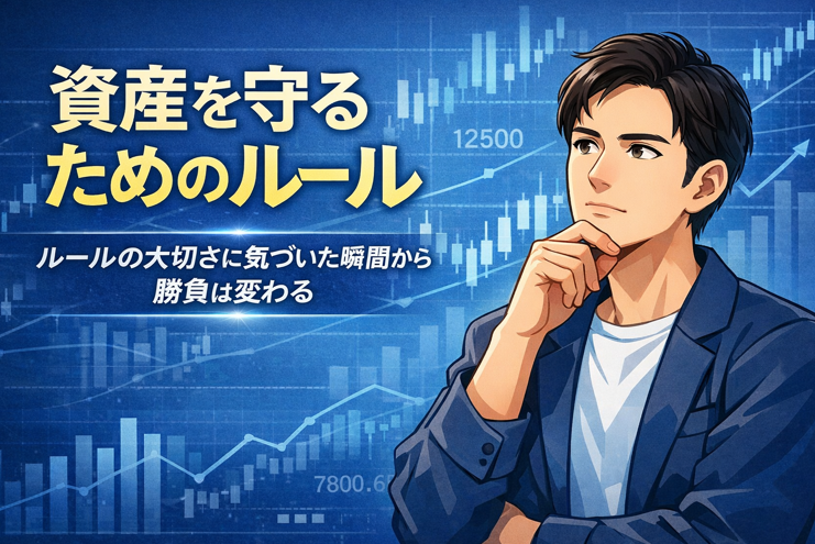 資産を守るためのルールをテーマにしたデジタルイラスト。背景に株価チャートとグラフ、右側に考え込む若い男性。