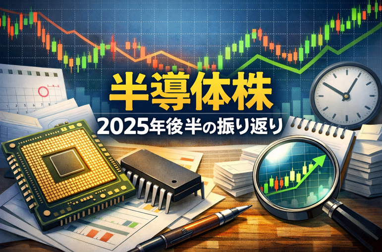 2025年後半の半導体株の振り返りをテーマにしたブログトップ画像。株価チャート、半導体チップ、 magnifying glassで株価上昇を確認するイメージ、ペンとノート、時計を配置し、投資分析や買い時検討の雰囲気を表現。