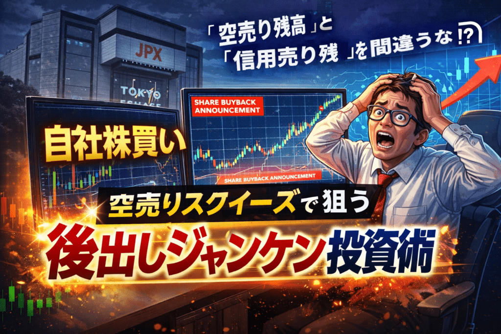 自社株買い発表後に急騰する株価チャートを前に「もう遅い？」と驚く投資家と、空売り残高と信用売り残の違いを示すイメージ