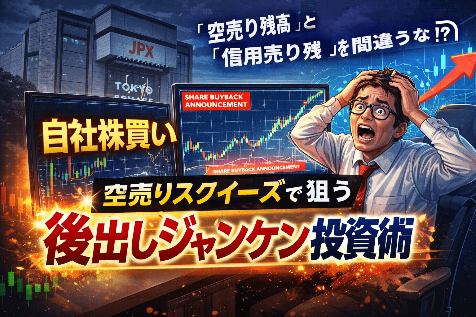 自社株買い発表後に急騰する株価チャートを前に「もう遅い？」と驚く投資家と、空売り残高と信用売り残の違いを示すイメージ