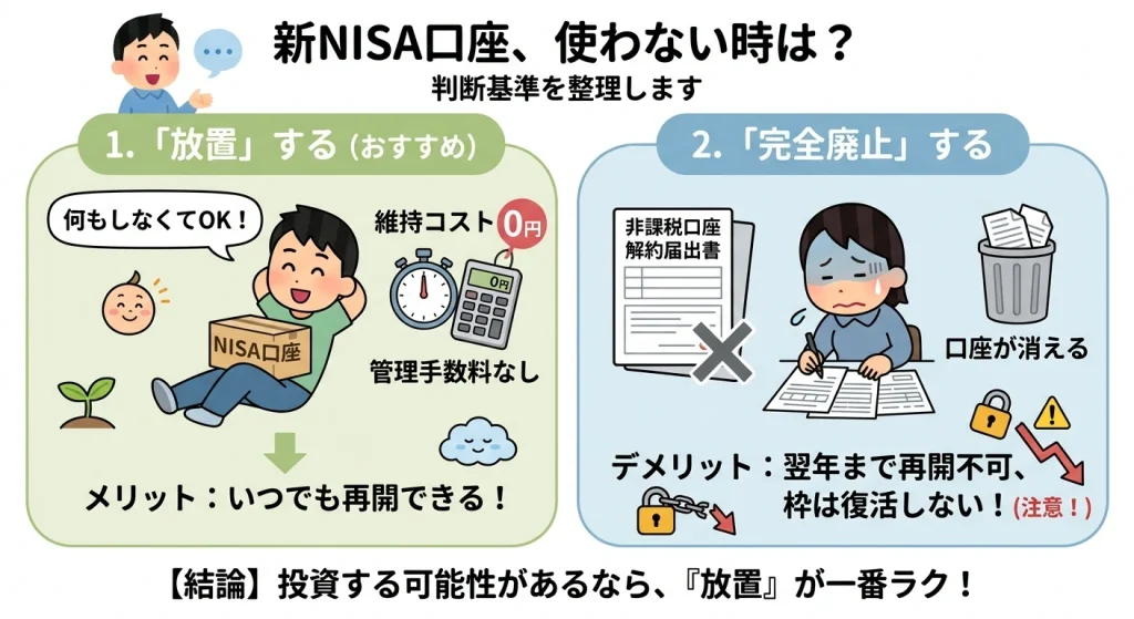新NISA口座を使わない場合の比較図解。口座をそのまま維持する『放置』と、手続きをして口座を閉じる『完全廃止』の違いを解説しています。