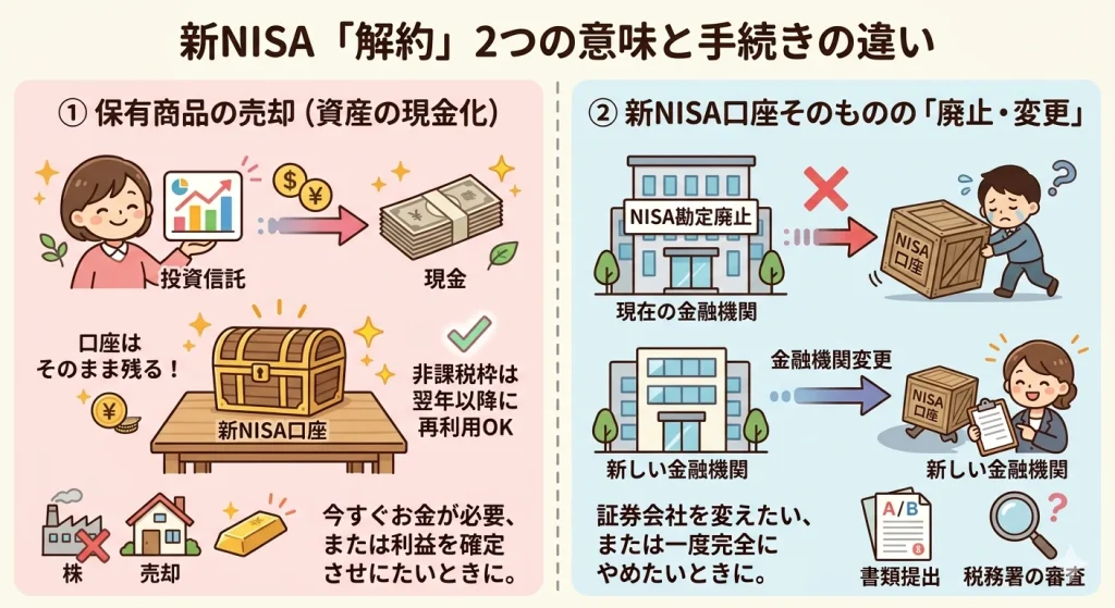 新NISAの『解約』に関する比較図解。『口座の廃止・変更』手続きが示されており、それぞれの違いを対比して解説している。
