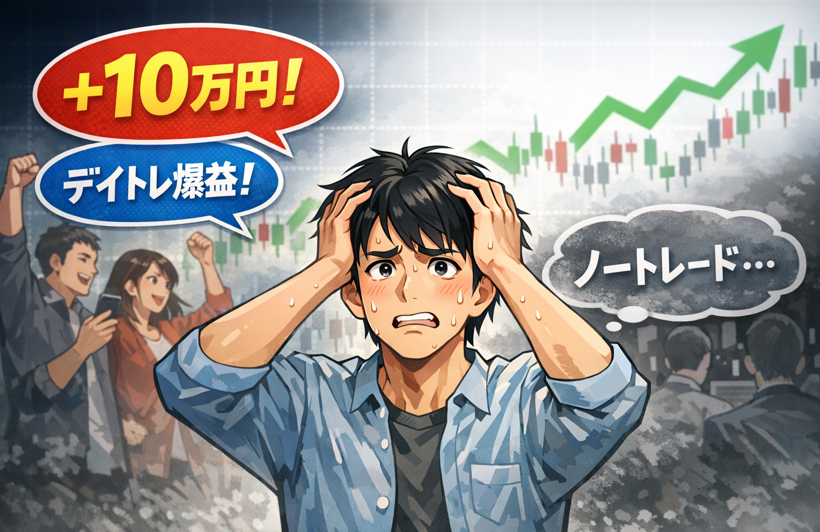 株初心者がノートレードの日に不安を感じ、「毎日売買しないとダメなのでは」と悩んでいる様子のイラスト