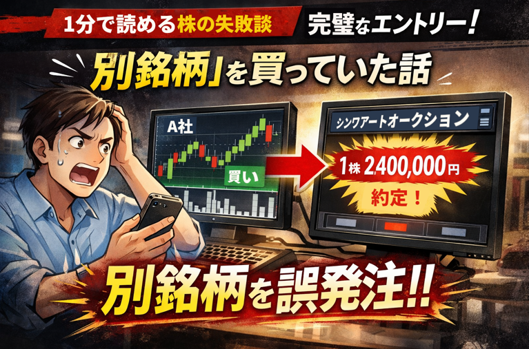 株の失敗談｜完璧なエントリーだと思ったら別銘柄を誤発注し、1株200万円で約定してしまい動揺する投資家のイラスト
