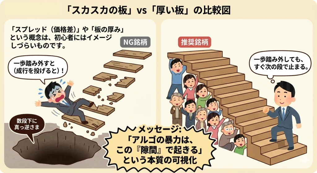 デイトレにおける板の厚みの比較図。左側はスカスカの板(NG銘柄)で、階段に隙間があり一歩踏み外すと真っ逆さまに落ちる様子。