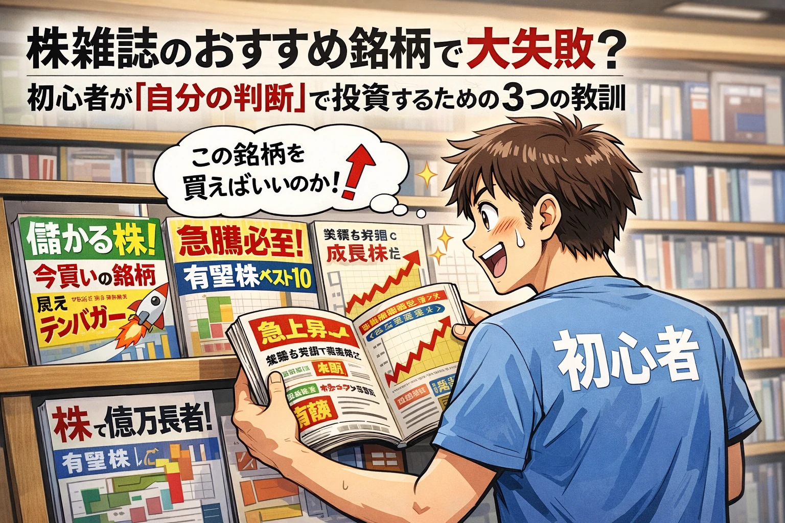 株雑誌を立ち読みしおすすめ銘柄にワクワクする初心者投資家の漫画イラスト