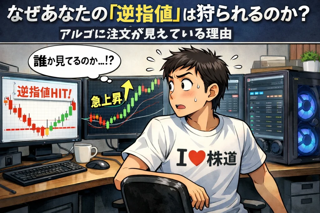 自宅トレーディングルームで逆指値が約定後に株価上昇を見て「誰か見ているのか？」と驚く個人投資家の漫画イラスト。