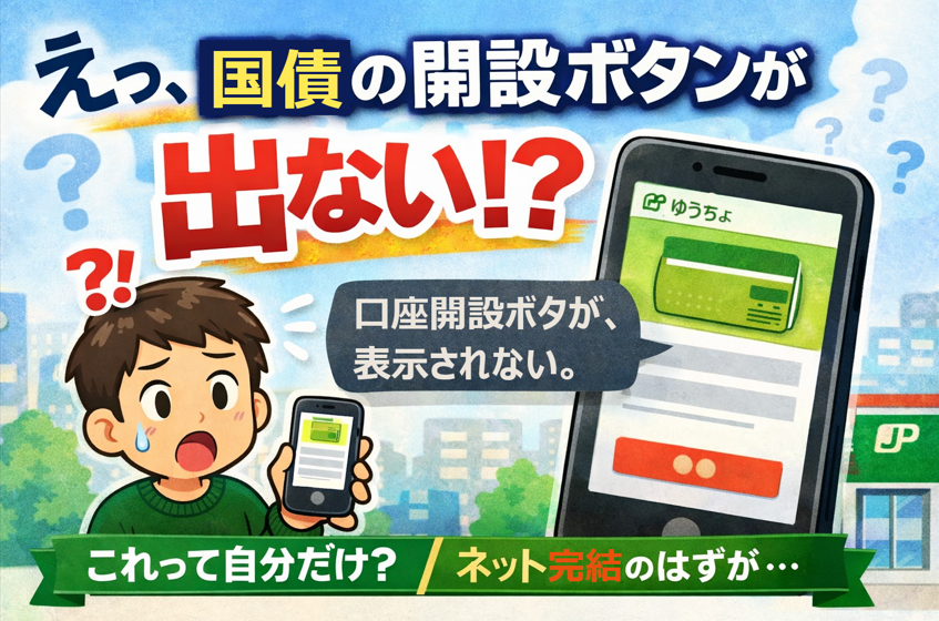 ゆうちょ通帳アプリで国債の口座開設ボタンが表示されず困っている画面のイメージ