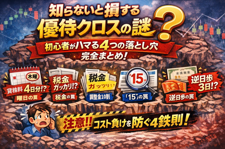 知らないと損する優待クロスの落とし穴を、初心者向けに4つまとめて解説した図解。