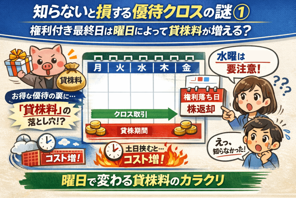 優待クロス取引の貸株料と権利付き最終日の曜日による変化を図解で示したイラスト