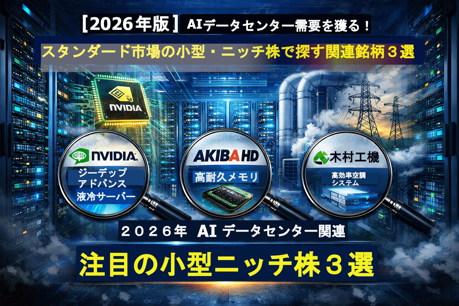 2026年に本格稼働するAIデータセンター需要と、スタンダード市場の小型ニッチ関連銘柄3社を示すビジュアル