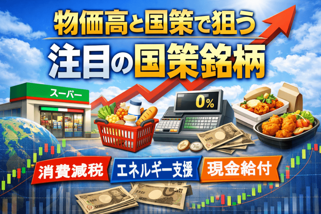 物価高と国策で注目される消費税減税・エネルギー支援関連銘柄のイメージ