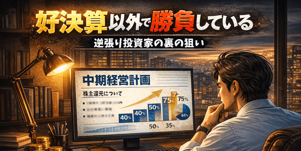 デスクトップパソコンで中期経営計画を読み、好決算以外の銘柄を逆張りで分析する個人投資家のイラスト