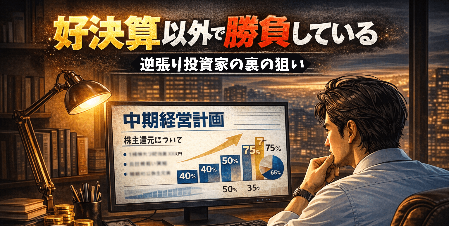 デスクトップパソコンで中期経営計画を読み、好決算以外の銘柄を逆張りで分析する個人投資家のイラスト