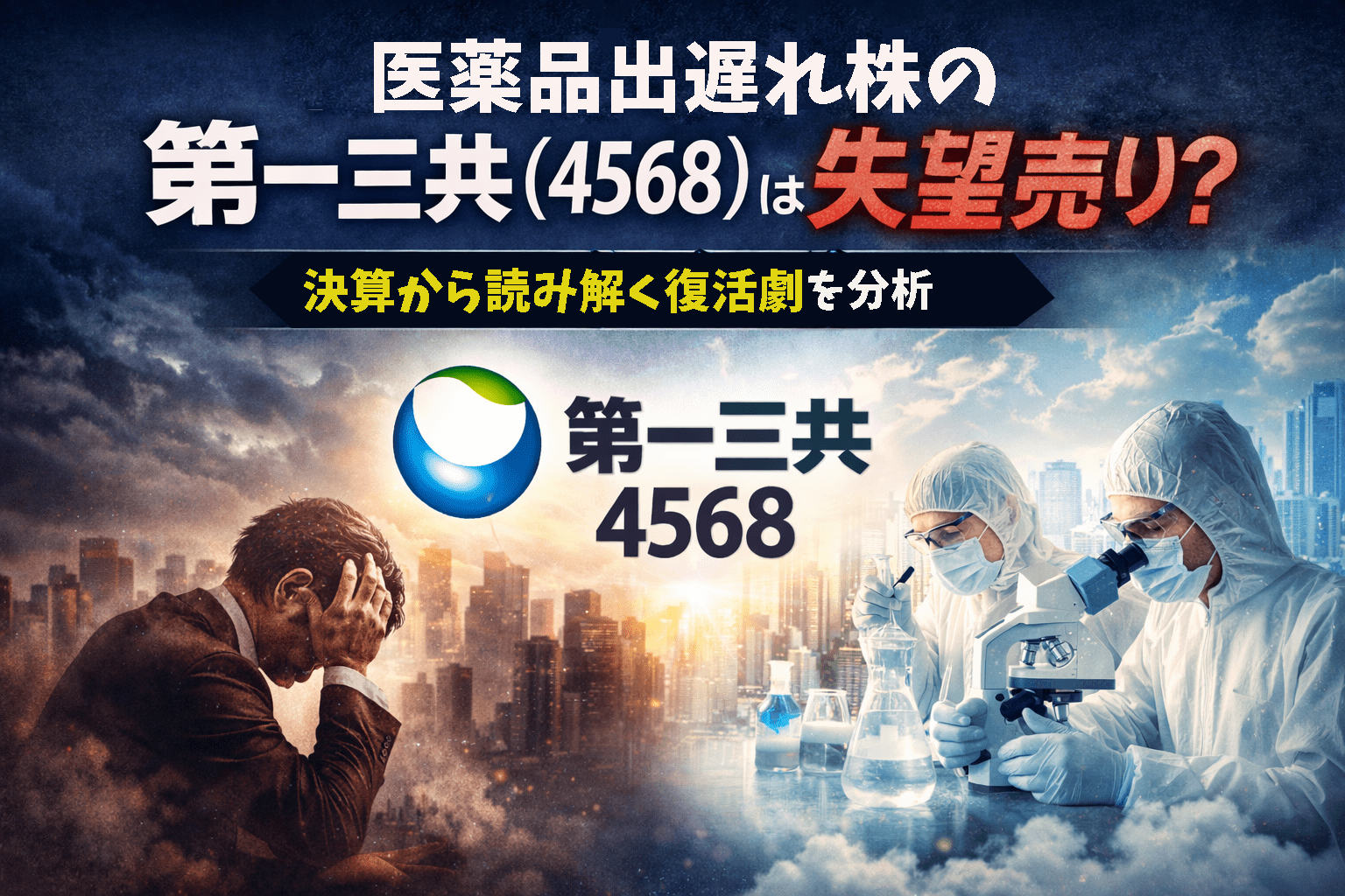 医薬品セクターで出遅れが目立つ第一三共（4568）をテーマに、左に苦悩する投資家、右に研究開発を行う研究員を配置し、決算から復活可能性を分析するイメージ画像