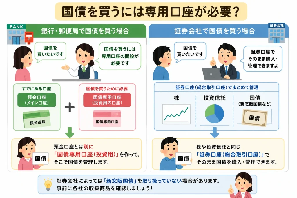 銀行と証券会社で国債を購入する際の口座の違いを比較した図