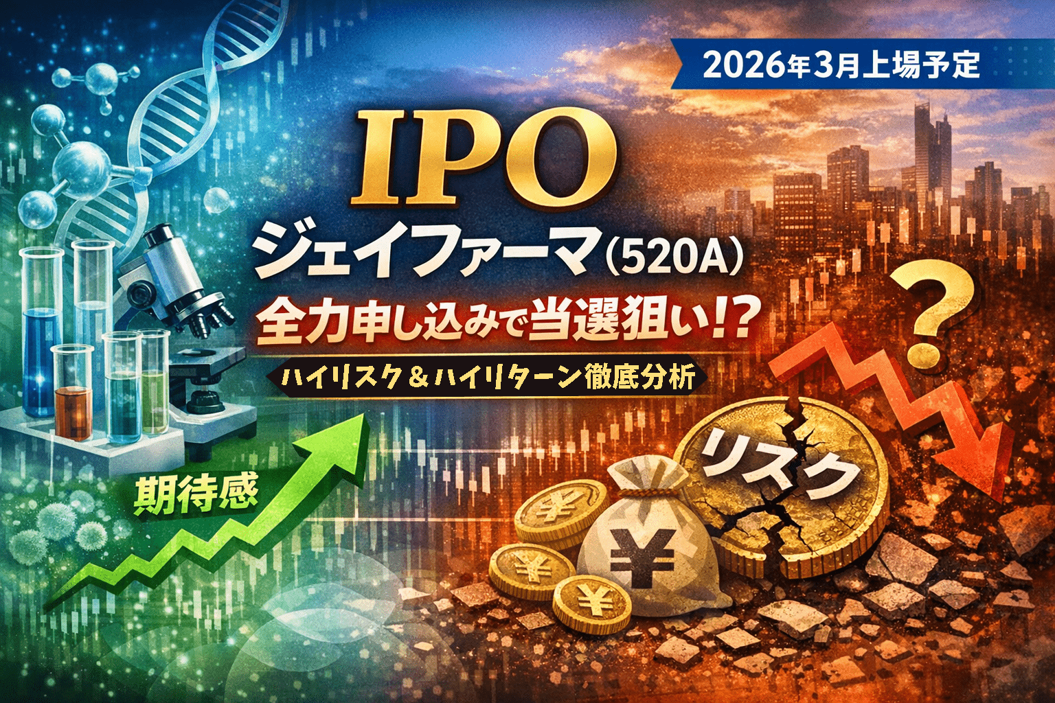 IPOジェイファーマ（520A）の投資判断を解説。バイオベンチャーの期待と公募割れリスクを投資家目線で分析したイメージ