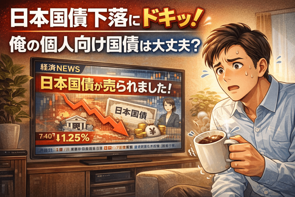 日本国債下落のニュースを見て、個人向け国債への影響を不安そうに考える男性

