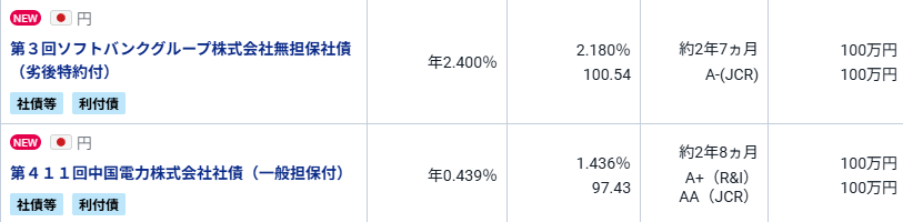既発債の募集画面のキャプチャ画像
