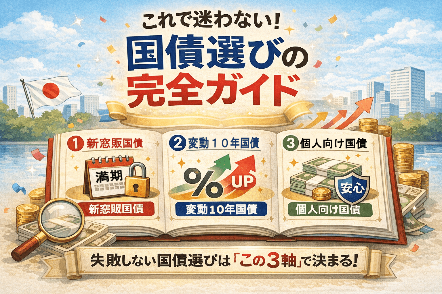 2026年版の国債選び総まとめ。新窓販国債・変動10年国債・個人向け国債を比較し、失敗しない3つの判断軸を図解で解説したトップ画像