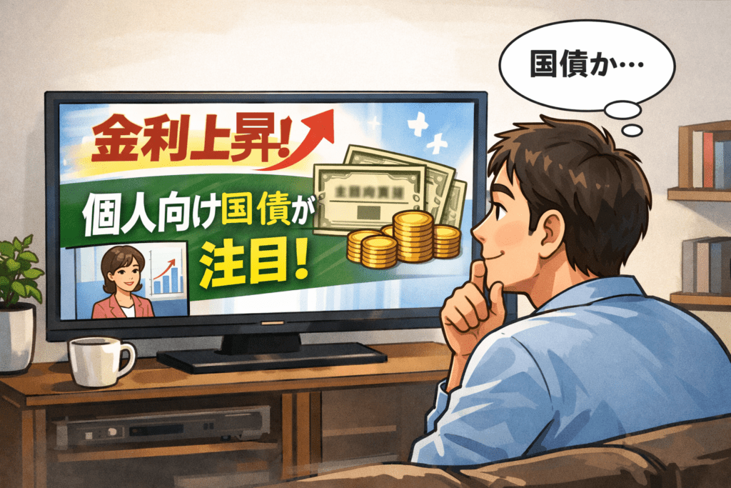 金利上昇のニュースをテレビで見て、個人向け国債に興味を持ち始める男性のイラスト