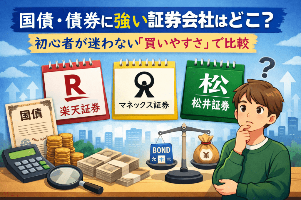 国債・債券に強い証券会社を初心者向けに比較するイラスト｜楽天証券・マネックス証券・松井証券の買いやすさを解説