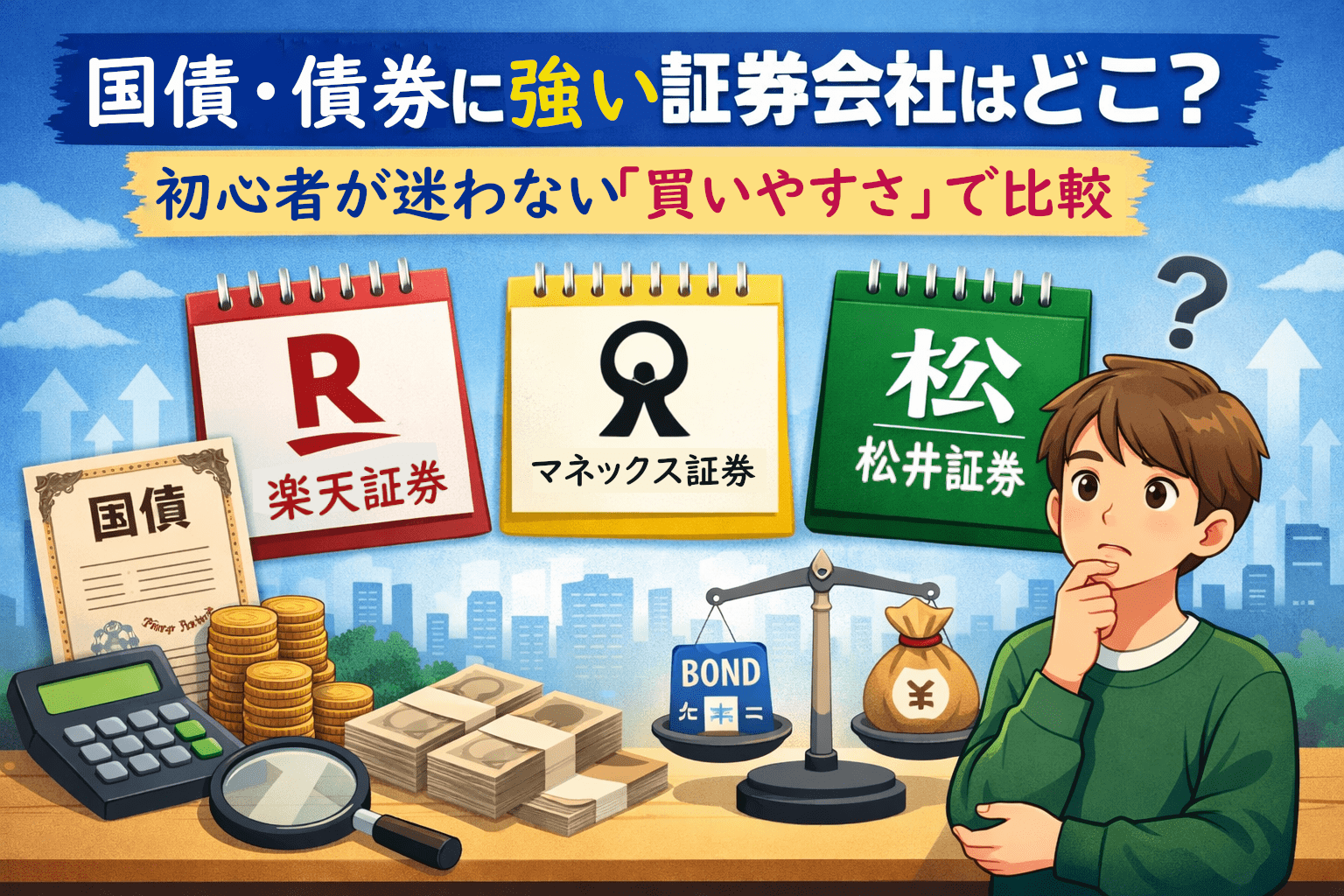 国債・債券に強い証券会社を初心者向けに比較するイラスト｜楽天証券・マネックス証券・松井証券の買いやすさを解説