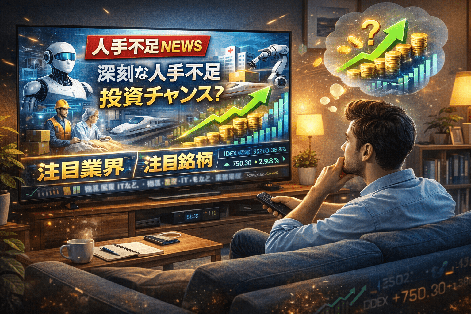 ソファーに座って人手不足のニュースをテレビで見ながら、注目業界や関連銘柄に投資チャンスを感じる男性のイメージ