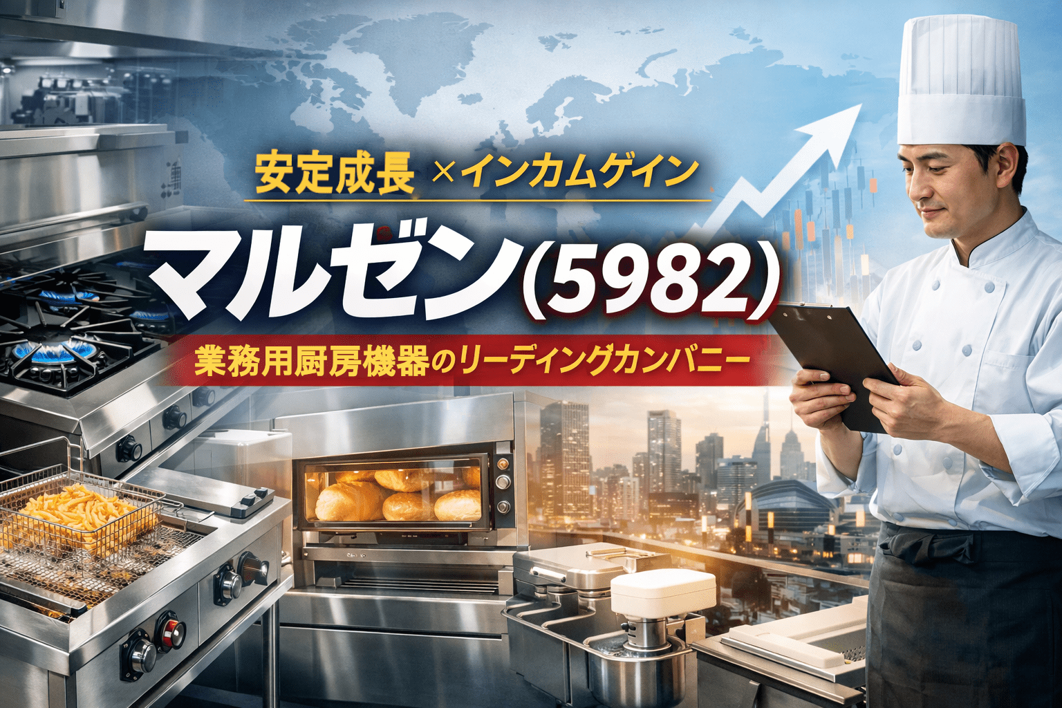 業務用厨房機器メーカーのマルゼン（5982）を配当・優待重視のインカム株として解説するイメージ