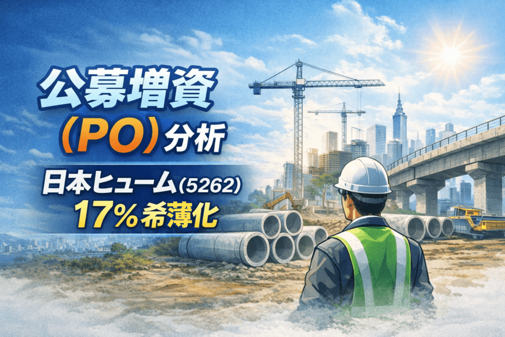 日本ヒューム(5262)の公募増資(PO)による17%希薄化を解説するトップ画像。建設現場とインフラ設備を背景に、中長期視点での投資判断を示すイメージ。