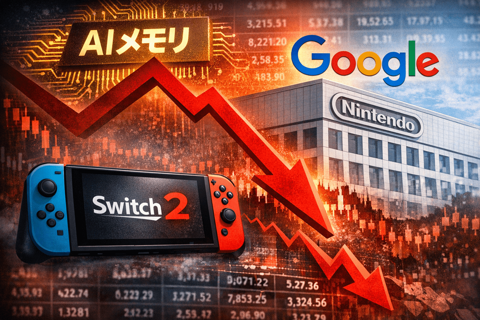 任天堂株の急落とSwitch2、AIメモリ、Googleの影響を表現したイメージ