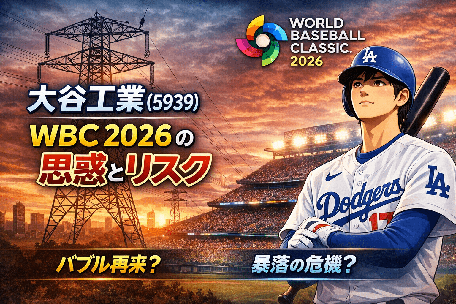 大谷翔平のイラストとWBC2026を背景に、大谷工業（5939）の思惑相場と株価リスクを表現したイメージ